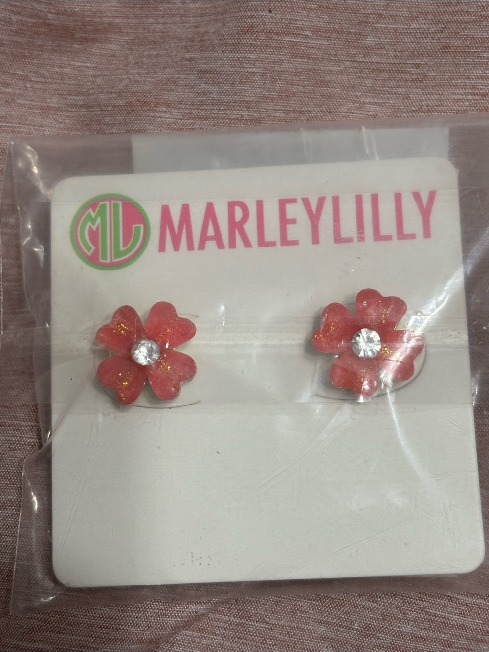 MarleyLilly Pink Flower Stud Earrings with Crystal Accent